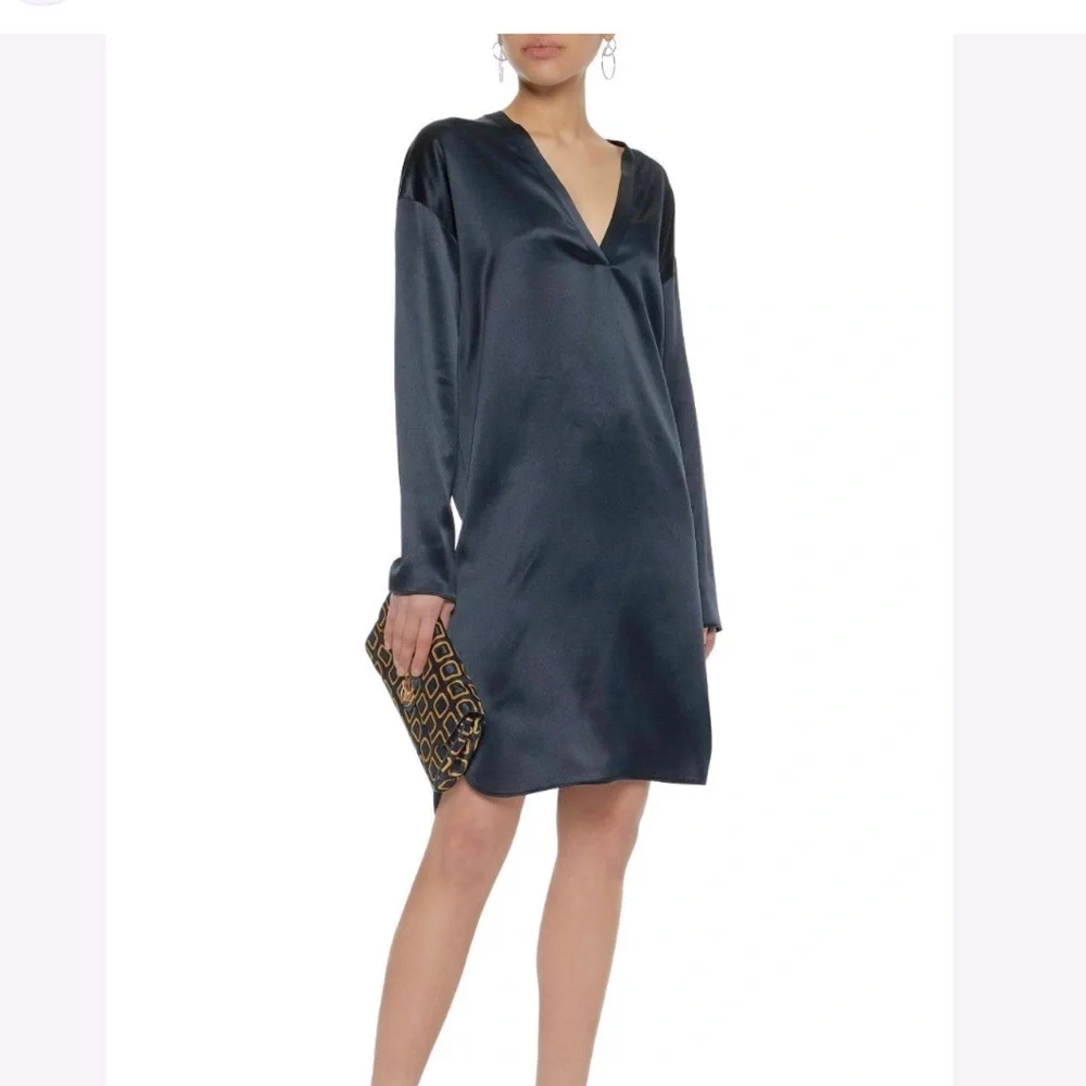 New VINCE V-neck 100% Silk Tunic Long Sleeve Coastal Blue Dress sz S - Picture 2 of 5
